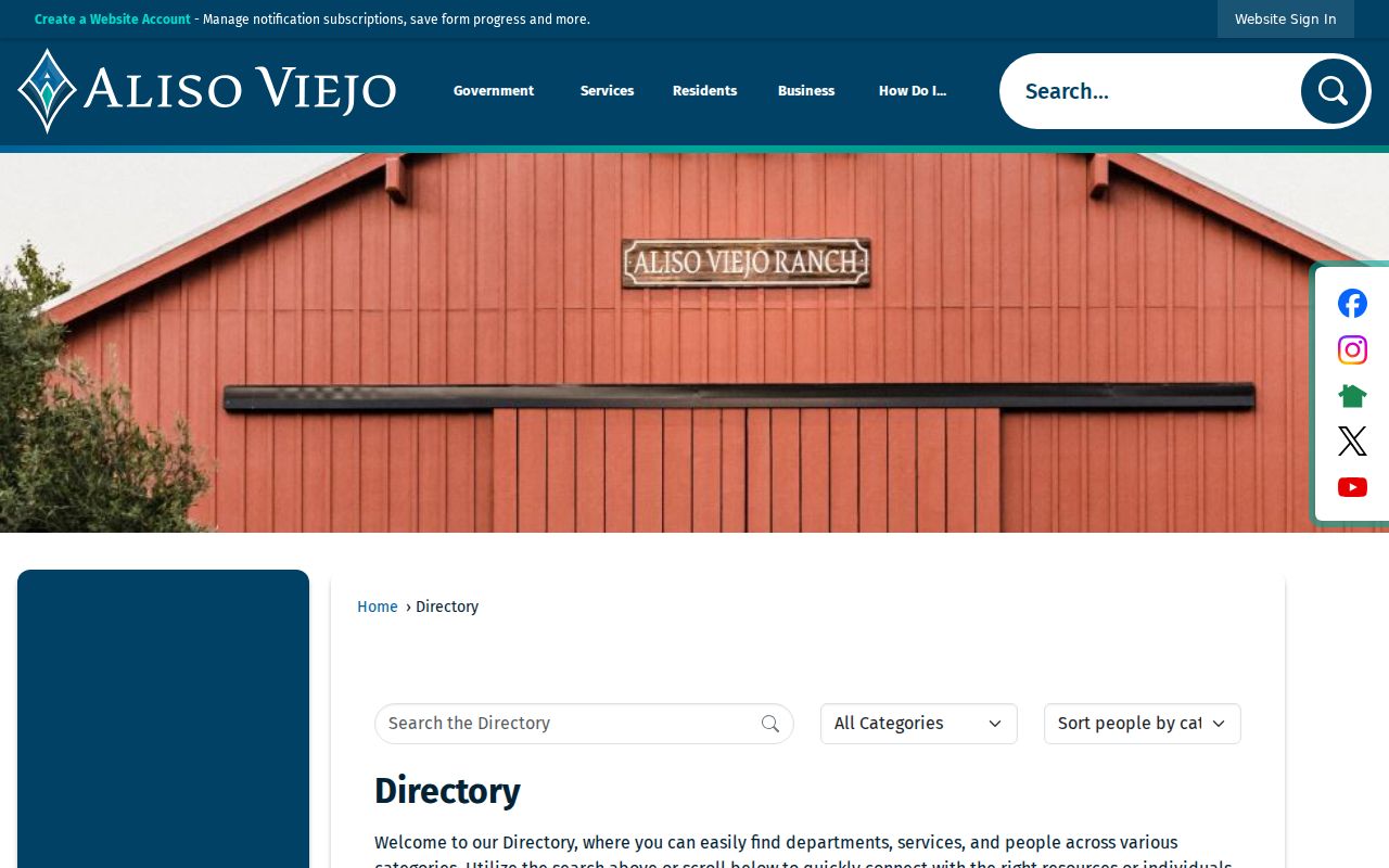 Aliso Viejo residents directory view of the city staff directory