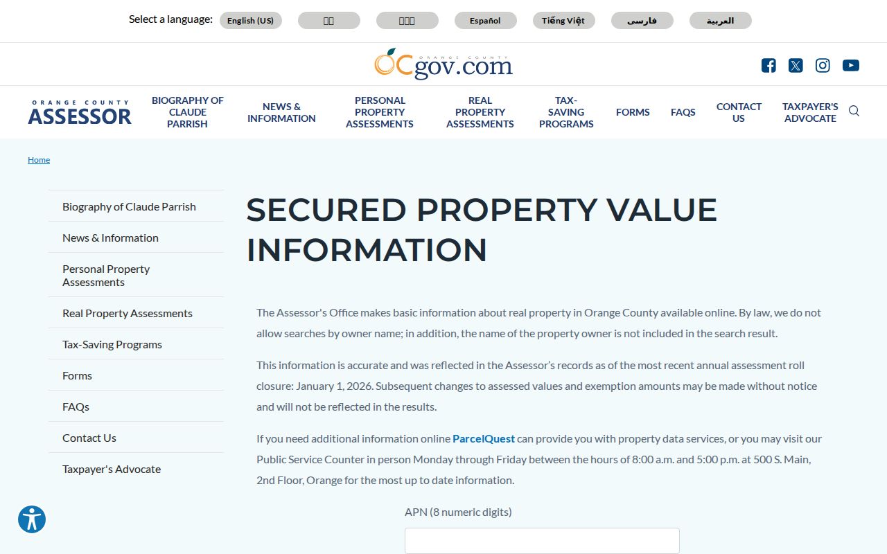 Aliso Viejo residents directory view of the Orange County assessor APN search