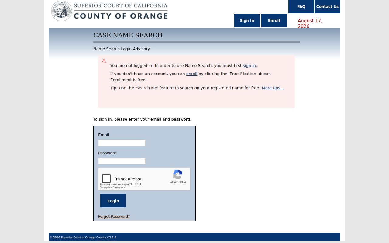 Aliso Viejo resident lookup Orange County court name search fields